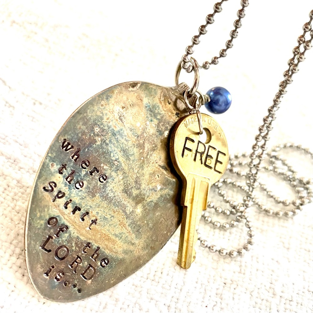 Silver Spoon & Key Stamped Necklace on Chain Made by Local Artist